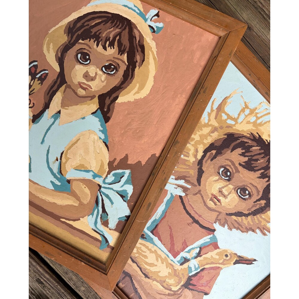 Vintage 1960s framed paint by number “big eyes” farm boy and girl